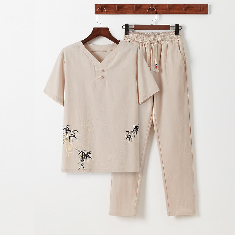 Buddha Stones Conjunto de 2 piezas: Camisa y pantalón de manga corta de algodón y lino con estampado de bambú y botones de estilo Tang, ideales para el verano. También disponible como prenda de meditación para hombre con bolsillos. - Beige - US/UK/AU46, EU56 (5XL) - image 19