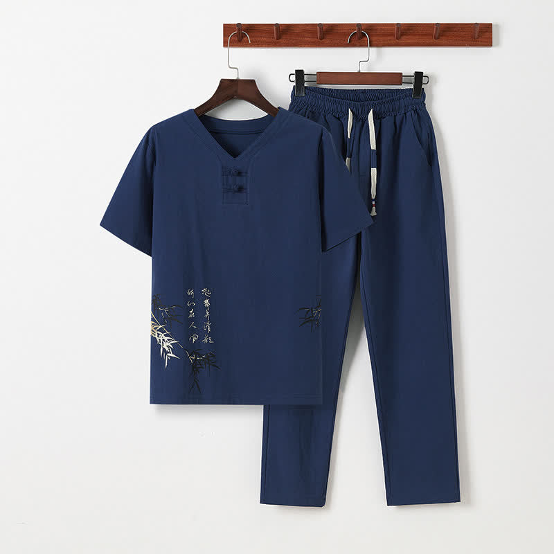 Buddha Stones Conjunto de 2 piezas: Camisa y pantalón de manga corta de algodón y lino con estampado de bambú y botones de estilo Tang, ideales para el verano. También disponible como prenda de meditación para hombre con bolsillos. - Marina de guerra - US/UK/AU46, EU56 (5XL) - image 1