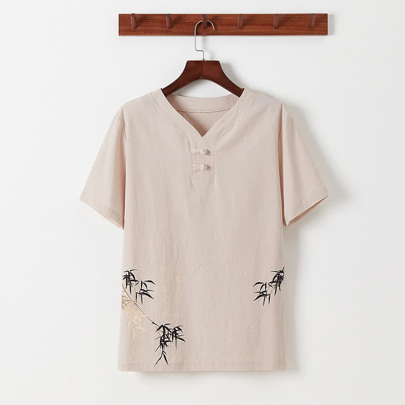 Buddha Stones Conjunto de 2 piezas: Camisa y pantalón de manga corta de algodón y lino con estampado de bambú y botones de estilo Tang, ideales para el verano. También disponible como prenda de meditación para hombre con bolsillos. - image 20