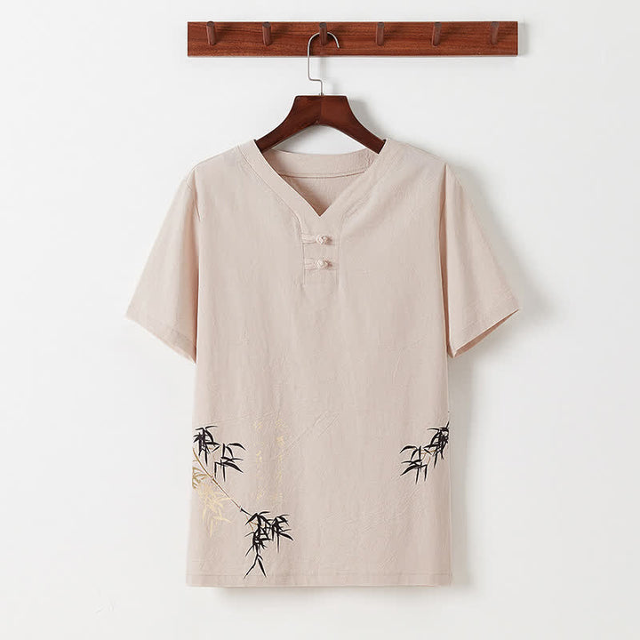 Buddha Stones Conjunto de 2 piezas: Camisa y pantalón de manga corta de algodón y lino con estampado de bambú y botones de estilo Tang, ideales para el verano. También disponible como prenda de meditación para hombre con bolsillos. - image 20