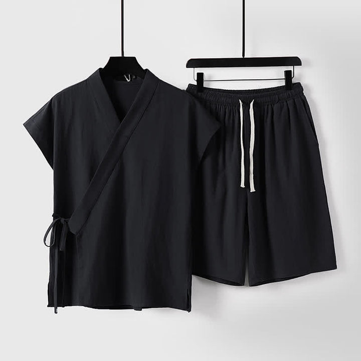 Buddha Stones 2 piezas de camisas de manga corta de algodón y lino con cordón ajustable estilo Tang para meditación de verano, pantalones cortos para hombre con bolsillos. - Negro - US/UK/AU54, EU64 (9XL) - image 3
