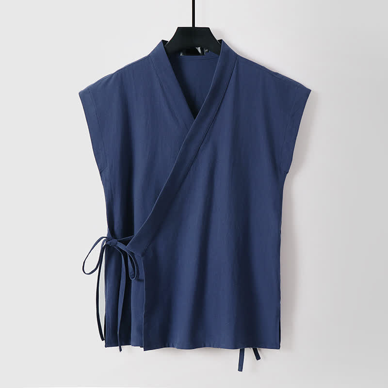 Buddha Stones 2 piezas de camisas de manga corta de algodón y lino con cordón ajustable estilo Tang para meditación de verano, pantalones cortos para hombre con bolsillos. - image 1