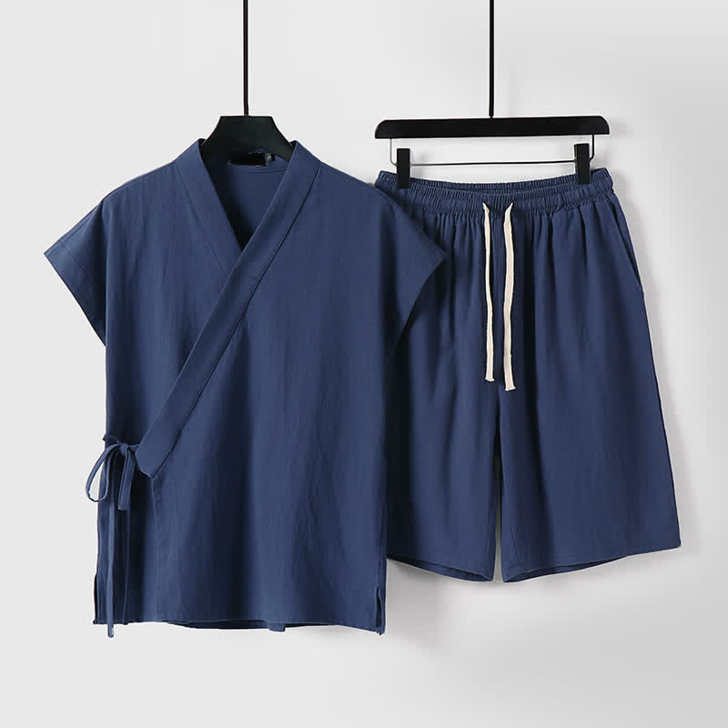 Buddha Stones 2 piezas de camisas de manga corta de algodón y lino con cordón ajustable estilo Tang para meditación de verano, pantalones cortos para hombre con bolsillos. - Marina de guerra - US/UK/AU54, EU64 (9XL) - image 0