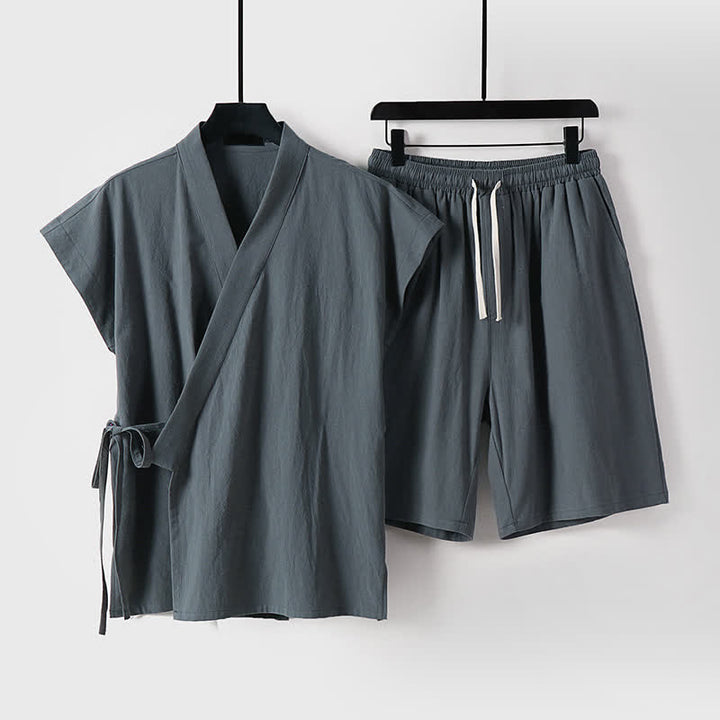 Buddha Stones 2 piezas de camisas de manga corta de algodón y lino con cordón ajustable estilo Tang para meditación de verano, pantalones cortos para hombre con bolsillos. - Gris oscuro - US/UK/AU54, EU64 (9XL) - image 6