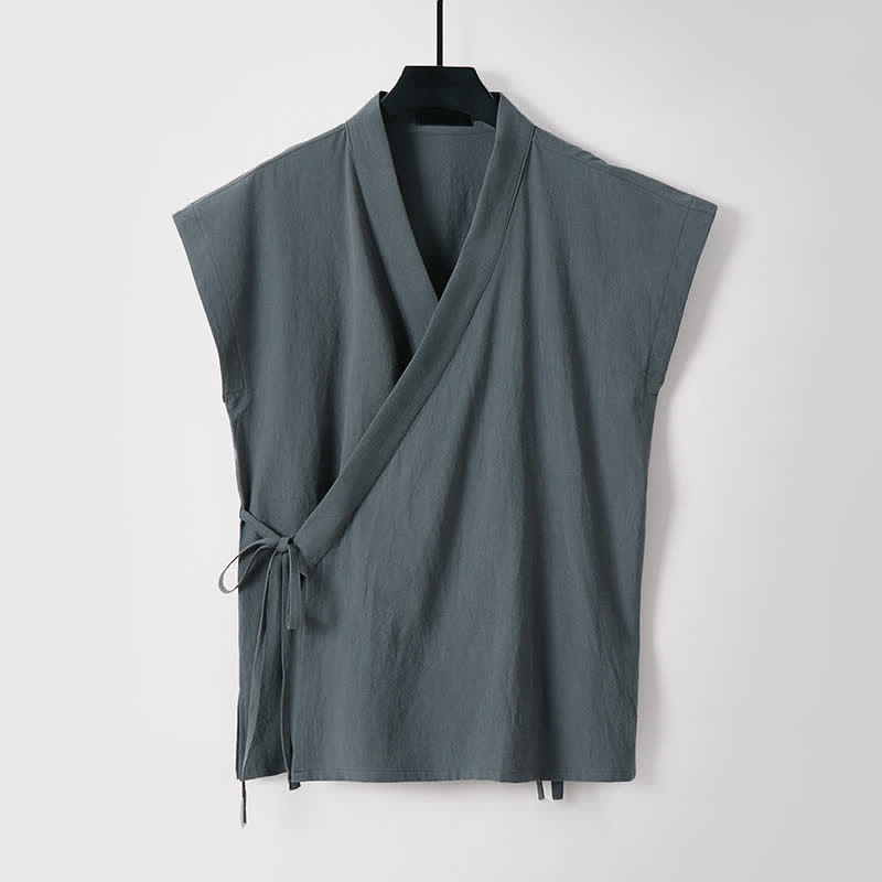 Buddha Stones 2 piezas de camisas de manga corta de algodón y lino con cordón ajustable estilo Tang para meditación de verano, pantalones cortos para hombre con bolsillos. - image 7