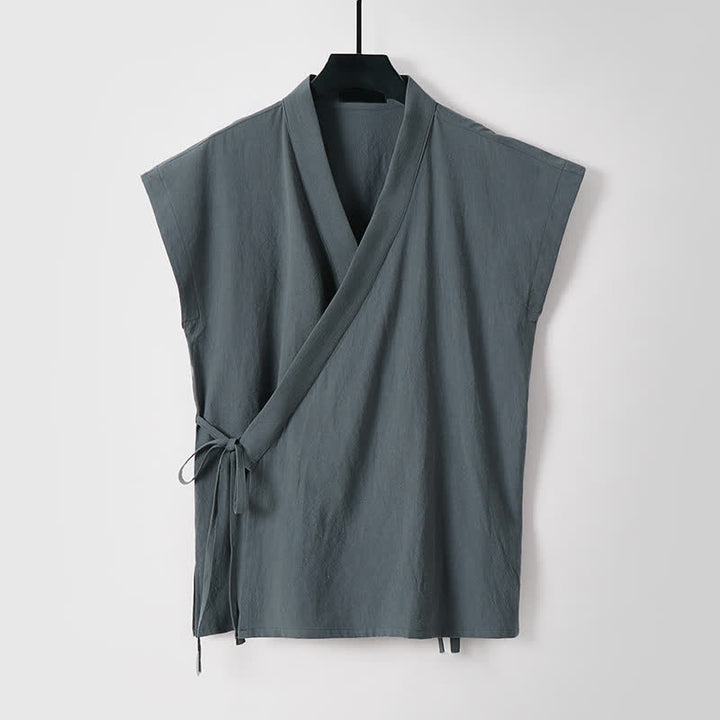 Buddha Stones 2 piezas de camisas de manga corta de algodón y lino con cordón ajustable estilo Tang para meditación de verano, pantalones cortos para hombre con bolsillos. - image 7