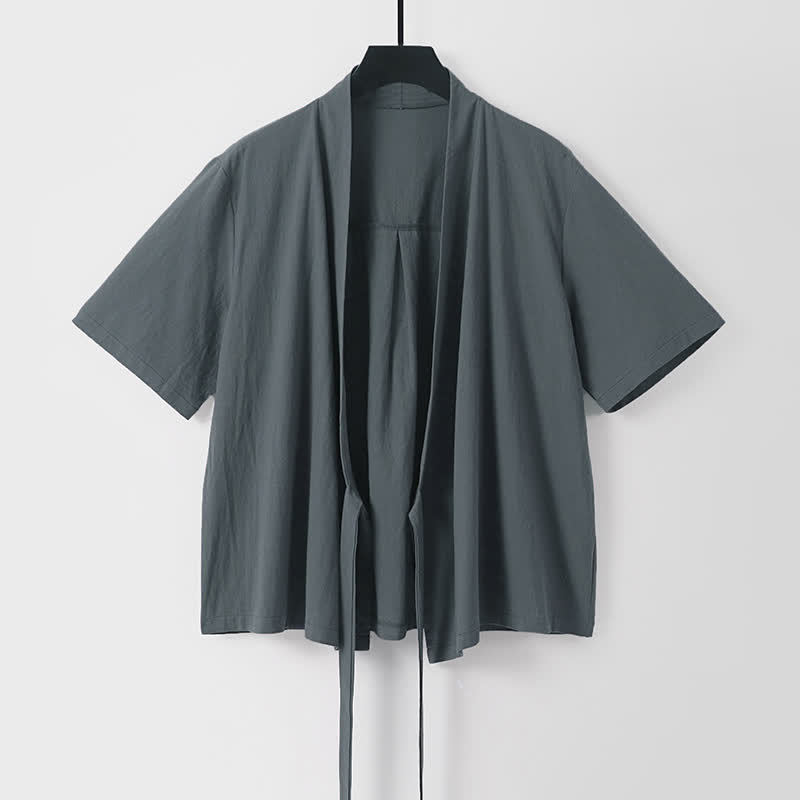 Buddha Stones Kimono de hombre de algodón y lino, estilo casual de verano, minimalista, de manga corta, color liso, con cordones y frente abierto. - Gris oscuro - US/UK/AU54, EU64 (9XL) - image 0