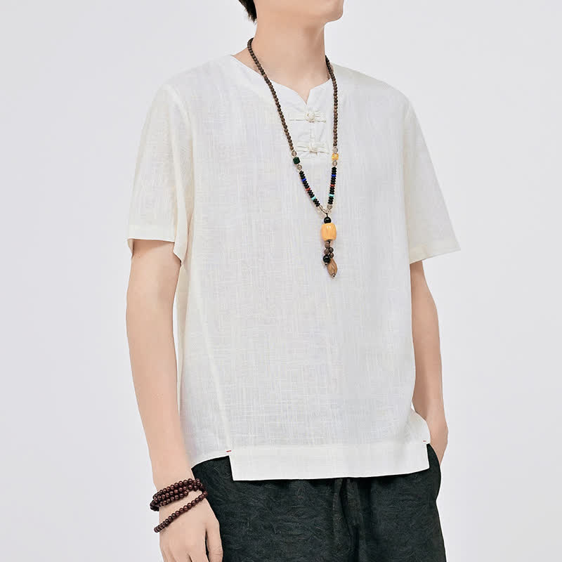Buddha Stones Camisa de manga corta para hombre, estilo Summer Tang, minimalista, con dos botones de rana y cuello redondo. - image 1