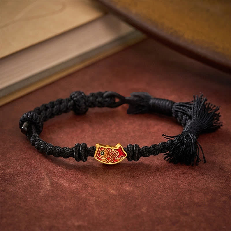 Buddha Stones Pulsera de la suerte con hilo rojo y diseño de pez koi - Cuerda negra - image 15