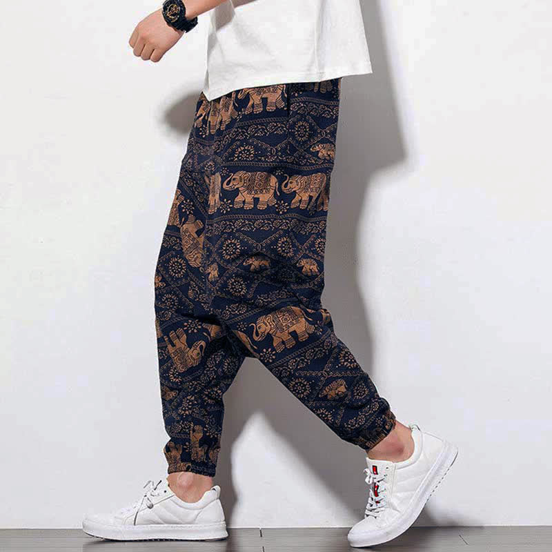 Pantalones largos tipo harem para hombre con estampado de elefante , Buddha Stones , color marrón y negro, con bolsillos. - Elefante de estilo largo - US/UK/AU46, EU56 (5XL) - image 0