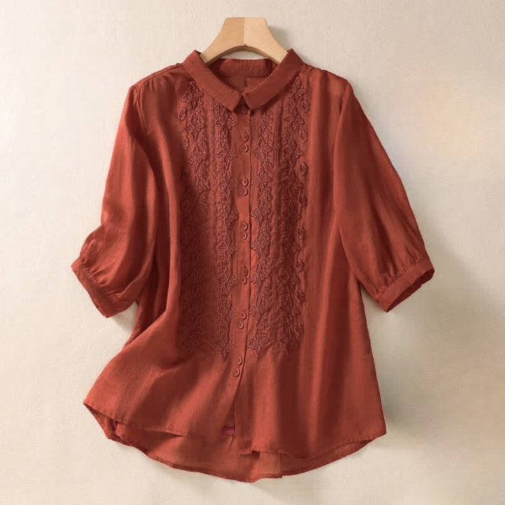 Camisa de mujer de manga tres cuartos con solapa y botones, diseño floral y estampado de Buddha Stones. - Rojo - US12, UK/AU16, EU44 (2XL) - image 19