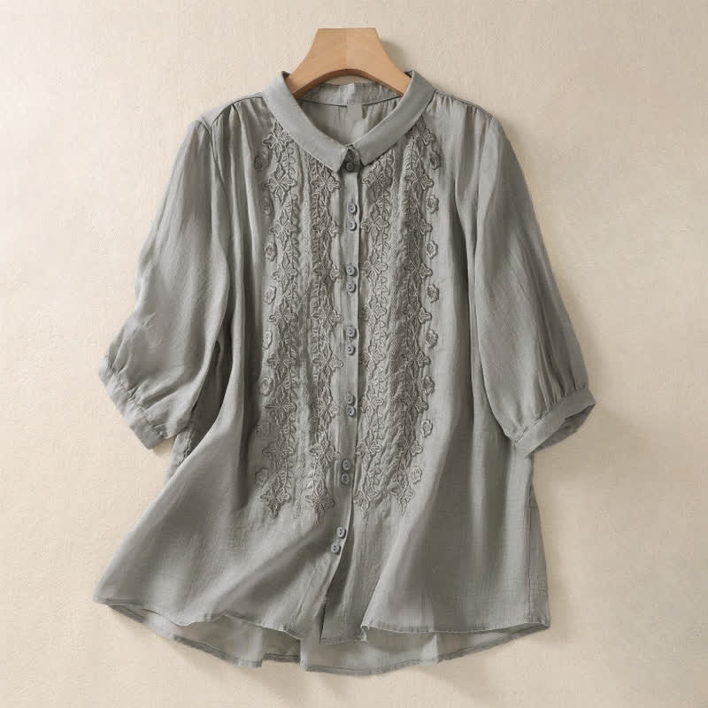 Camisa de mujer de manga tres cuartos con solapa y botones, diseño floral y estampado de Buddha Stones. - Gris oscuro - US12, UK/AU16, EU44 (2XL) - image 13