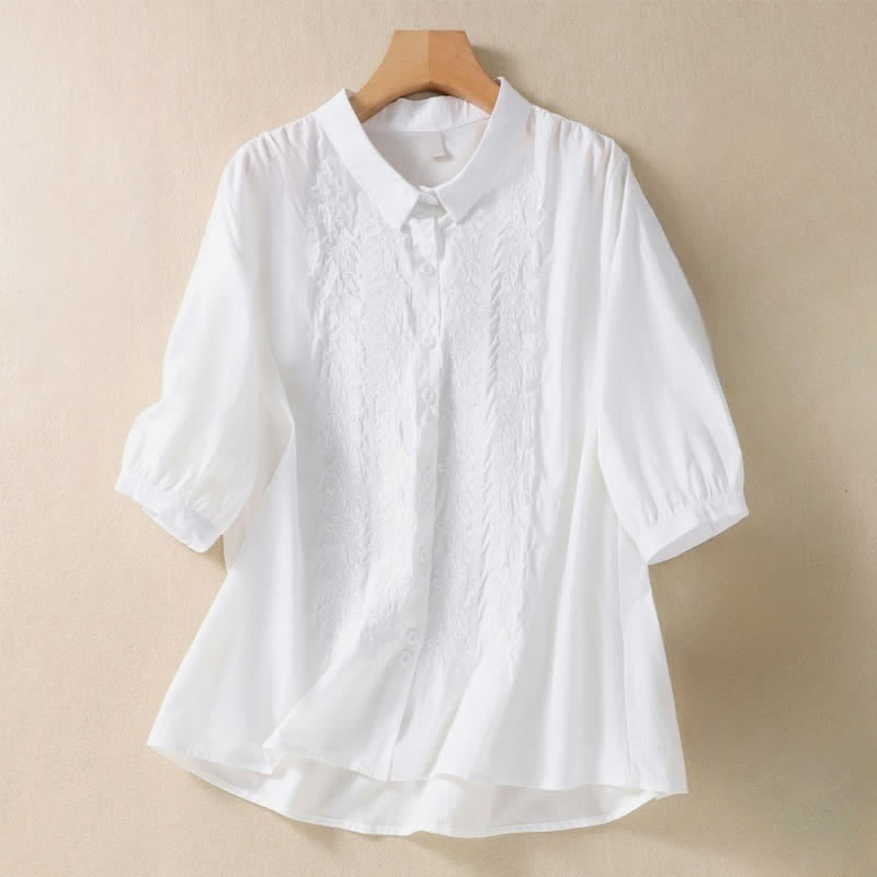 Camisa de mujer de manga tres cuartos con solapa y botones, diseño floral y estampado de Buddha Stones. - Blanco - US12, UK/AU16, EU44 (2XL) - image 5