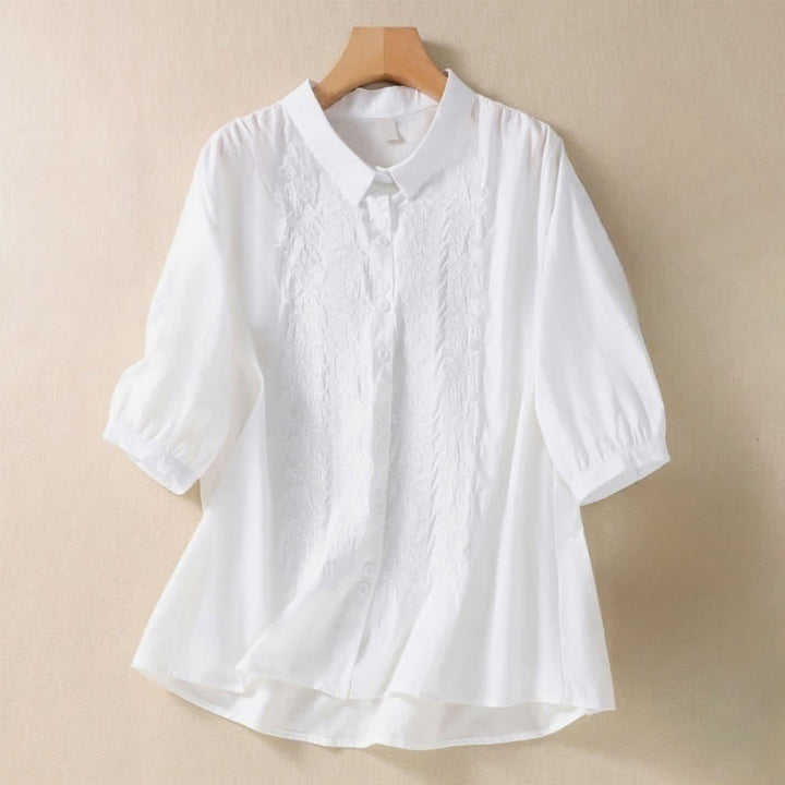 Camisa de mujer de manga tres cuartos con solapa y botones, diseño floral y estampado de Buddha Stones. - Blanco - US12, UK/AU16, EU44 (2XL) - image 5