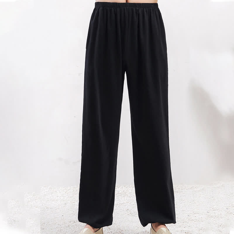Pantalones unisex de verano de color liso con cintura elástica para practicar Tai Chi Qigong, con bolsillos y estampado Buddha Stones. - image 12