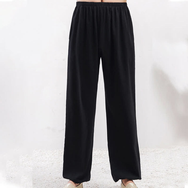 Pantalones unisex de verano de color liso con cintura elástica para practicar Tai Chi Qigong, con bolsillos y estampado Buddha Stones. - image 12