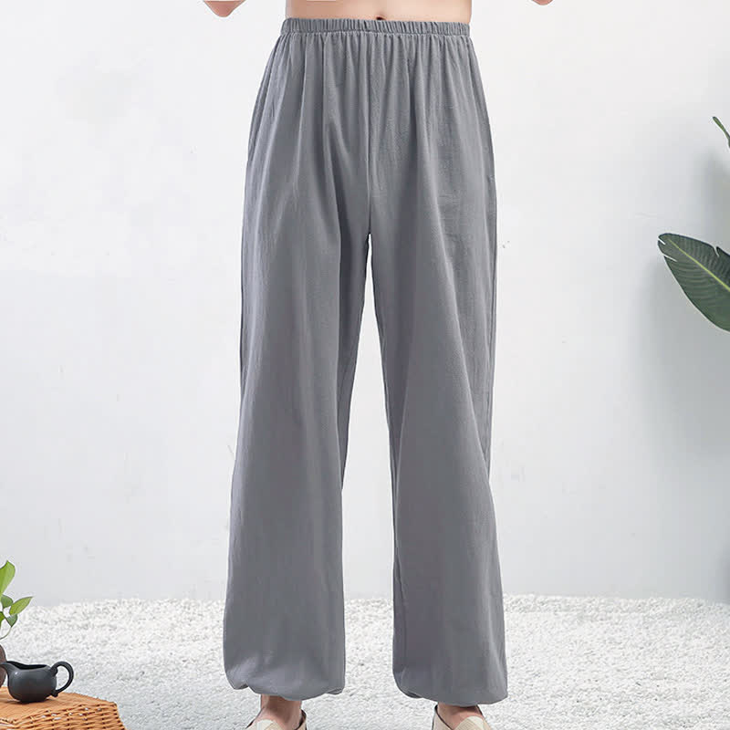 Pantalones unisex de verano de color liso con cintura elástica para practicar Tai Chi Qigong, con bolsillos y estampado Buddha Stones. - Hembra gris - US8-10，UK/AU12-14，EU40-42 (2XL) - image 0