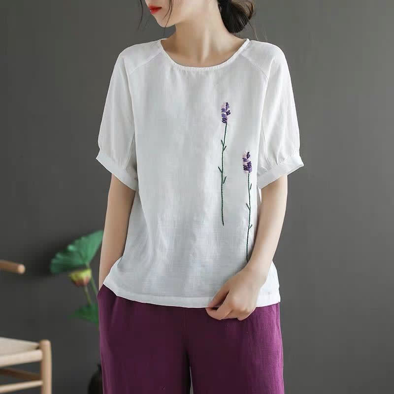 Camiseta de mujer con cuello redondo y bordado de flores estilo vintage de verano con Buddha Stones . - image 12