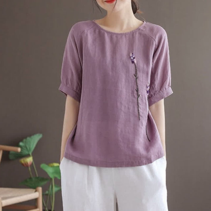 Camiseta de mujer con cuello redondo y bordado de flores estilo vintage de verano con Buddha Stones . - image 2