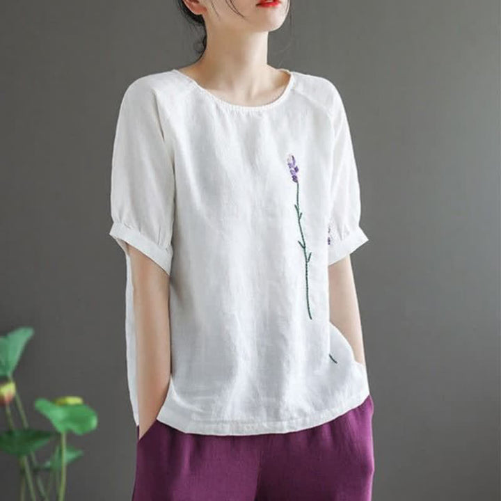 Camiseta de mujer con cuello redondo y bordado de flores estilo vintage de verano con Buddha Stones . - image 13