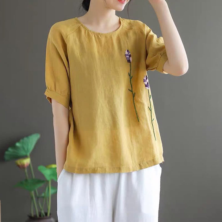 Camiseta de mujer con cuello redondo y bordado de flores estilo vintage de verano con Buddha Stones . - image 9