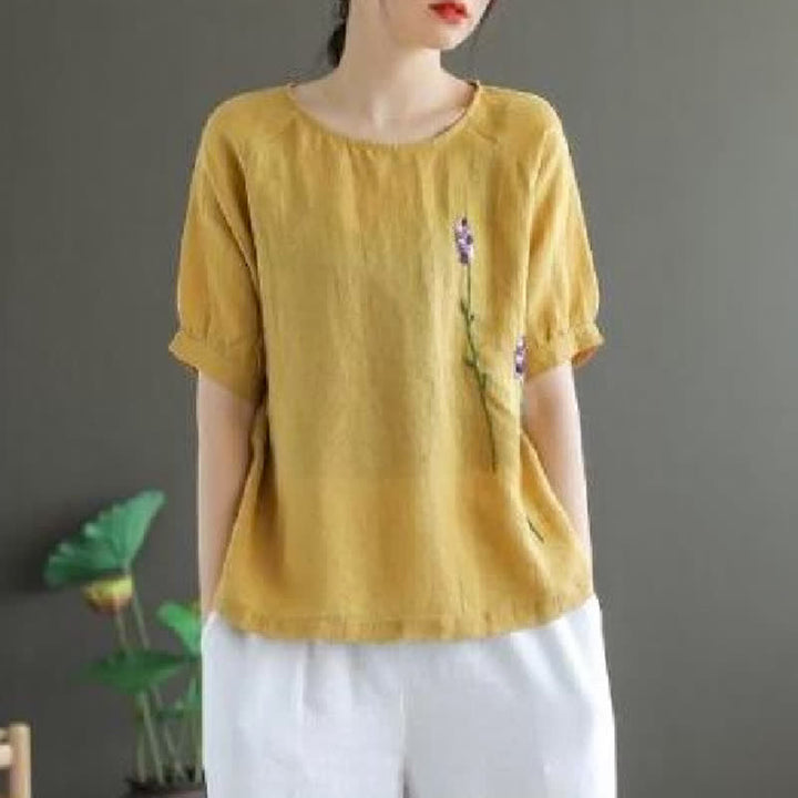 Camiseta de mujer con cuello redondo y bordado de flores estilo vintage de verano con Buddha Stones . - Caqui - US8-10，UK/AU12-14，EU40-42 (2XL) - image 5