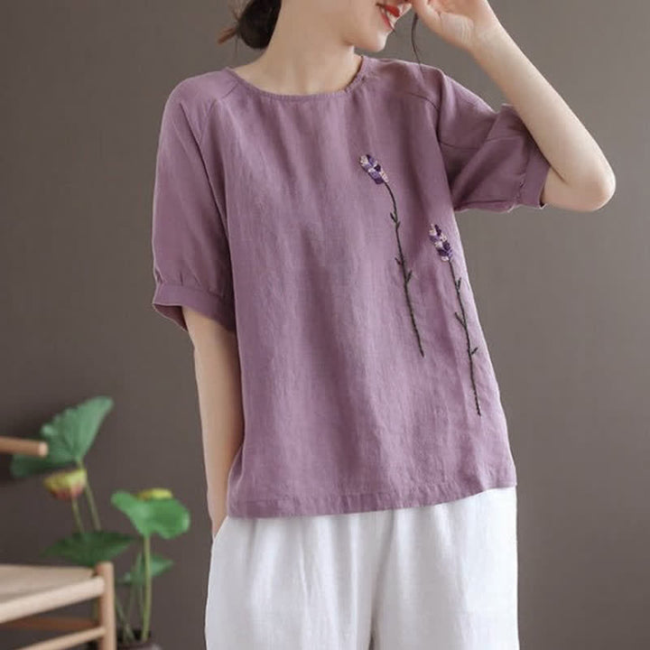 Camiseta de mujer con cuello redondo y bordado de flores estilo vintage de verano con Buddha Stones . - image 1