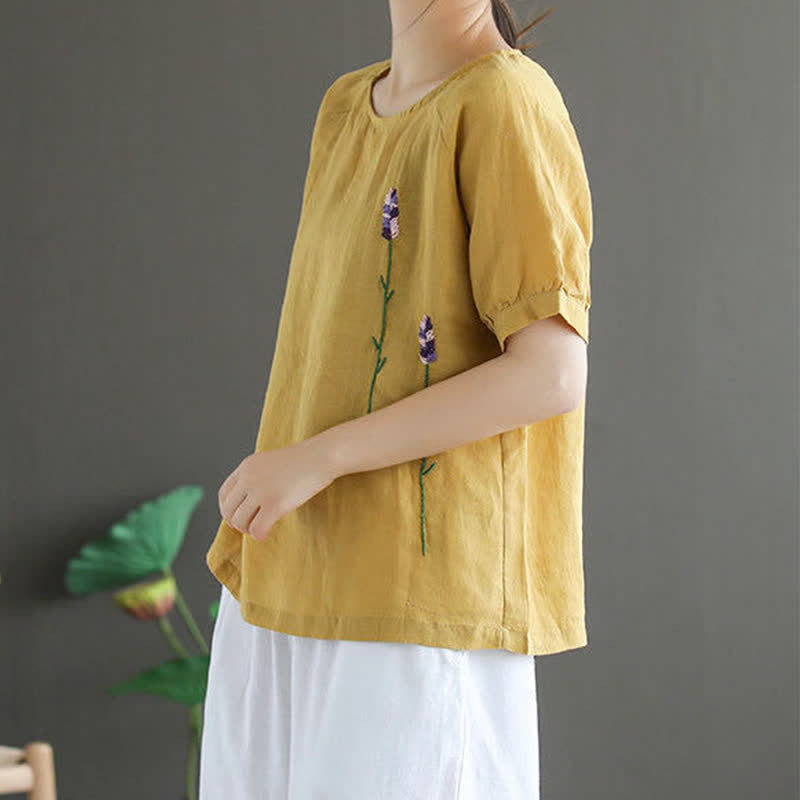 Camiseta de mujer con cuello redondo y bordado de flores estilo vintage de verano con Buddha Stones . - image 7
