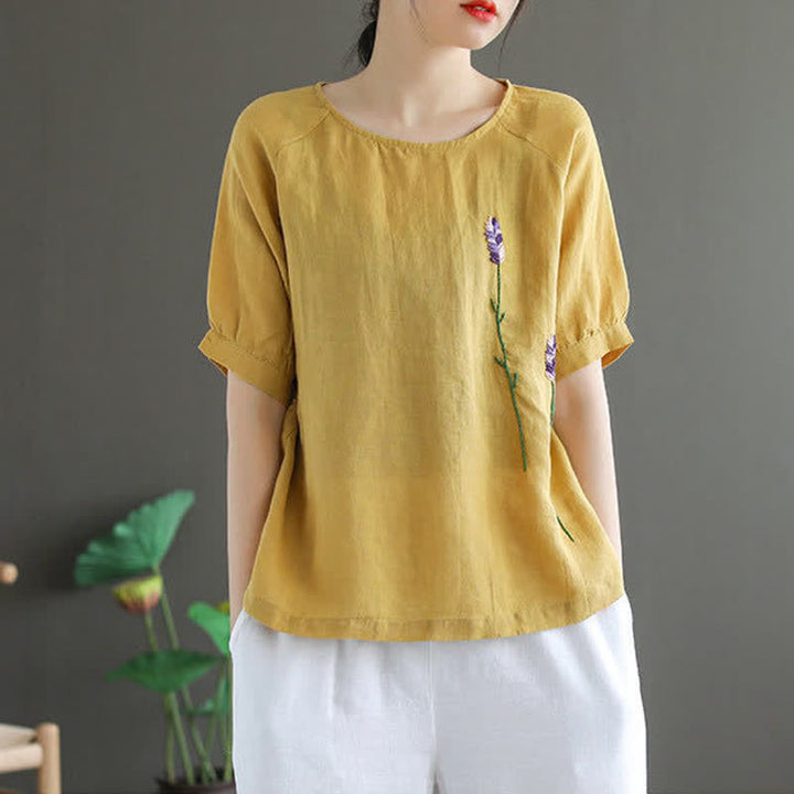 Camiseta de mujer con cuello redondo y bordado de flores estilo vintage de verano con Buddha Stones . - image 8