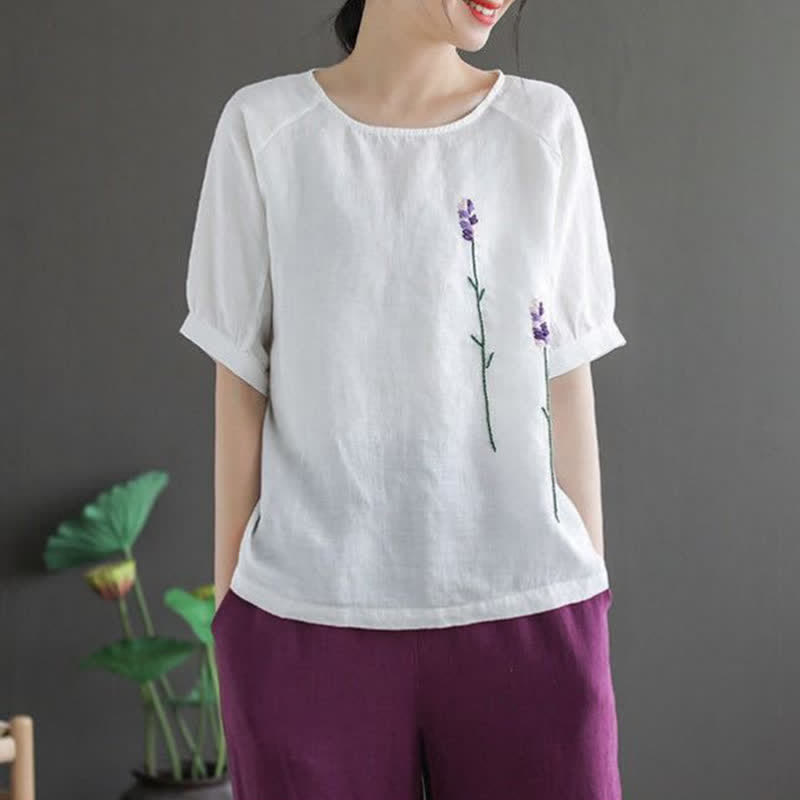 Camiseta de mujer con cuello redondo y bordado de flores estilo vintage de verano con Buddha Stones . - Blanco - US8-10，UK/AU12-14，EU40-42 (2XL) - image 11
