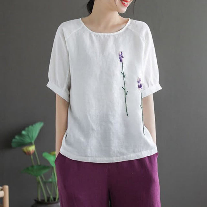 Camiseta de mujer con cuello redondo y bordado de flores estilo vintage de verano con Buddha Stones . - Blanco - US8-10，UK/AU12-14，EU40-42 (2XL) - image 11