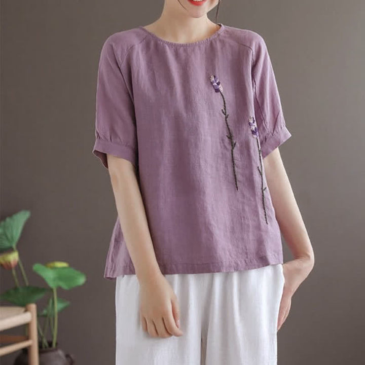 Camiseta de mujer con cuello redondo y bordado de flores estilo vintage de verano con Buddha Stones . - image 3