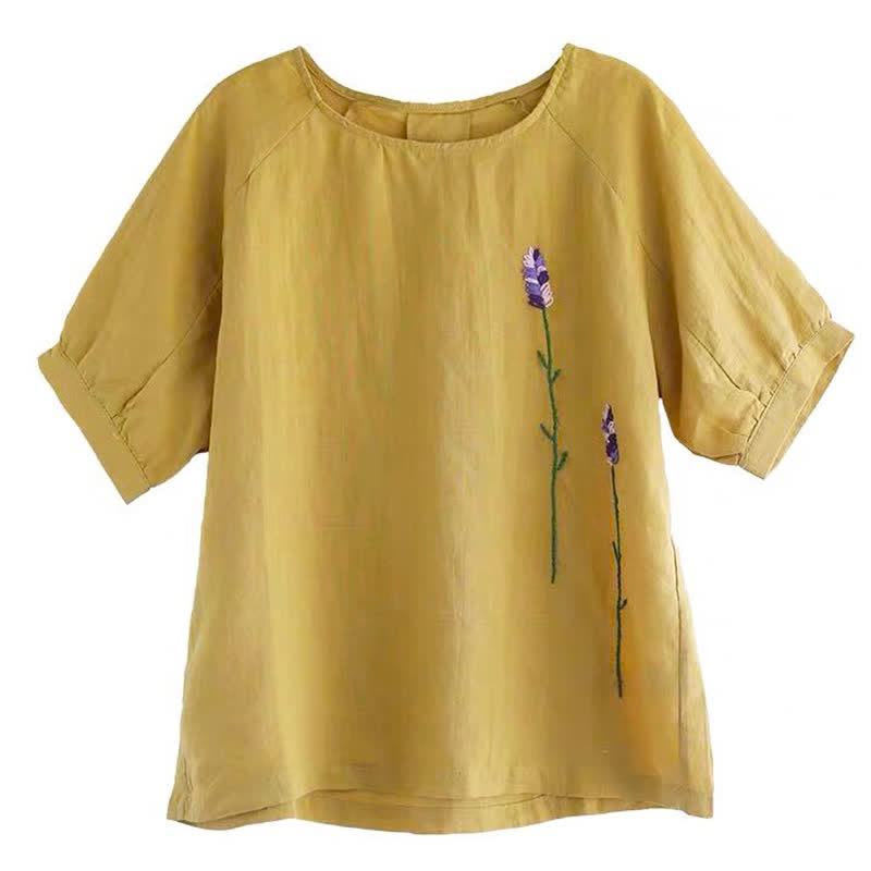 Camiseta de mujer con cuello redondo y bordado de flores estilo vintage de verano con Buddha Stones . - image 10