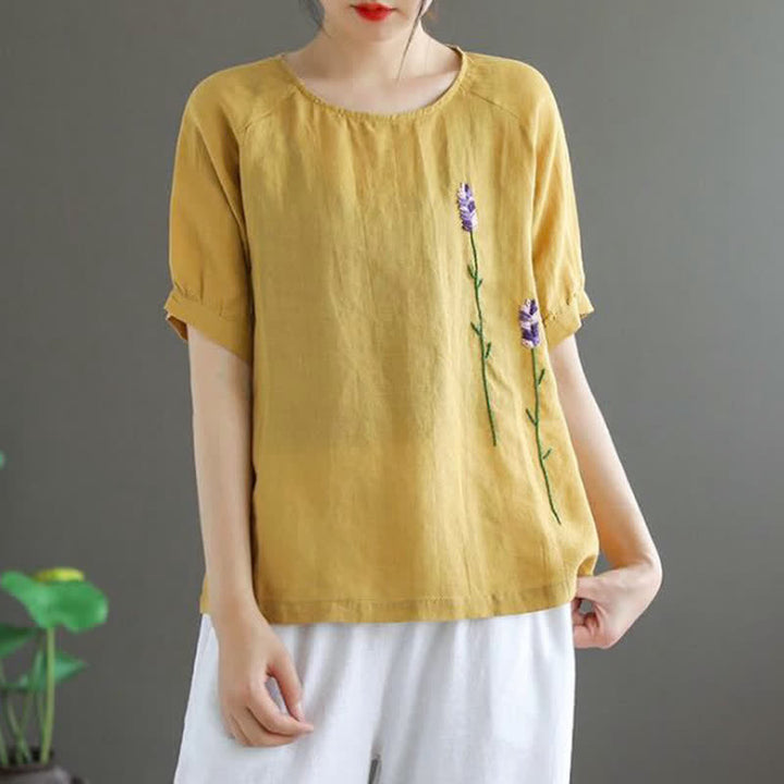Camiseta de mujer con cuello redondo y bordado de flores estilo vintage de verano con Buddha Stones . - image 6