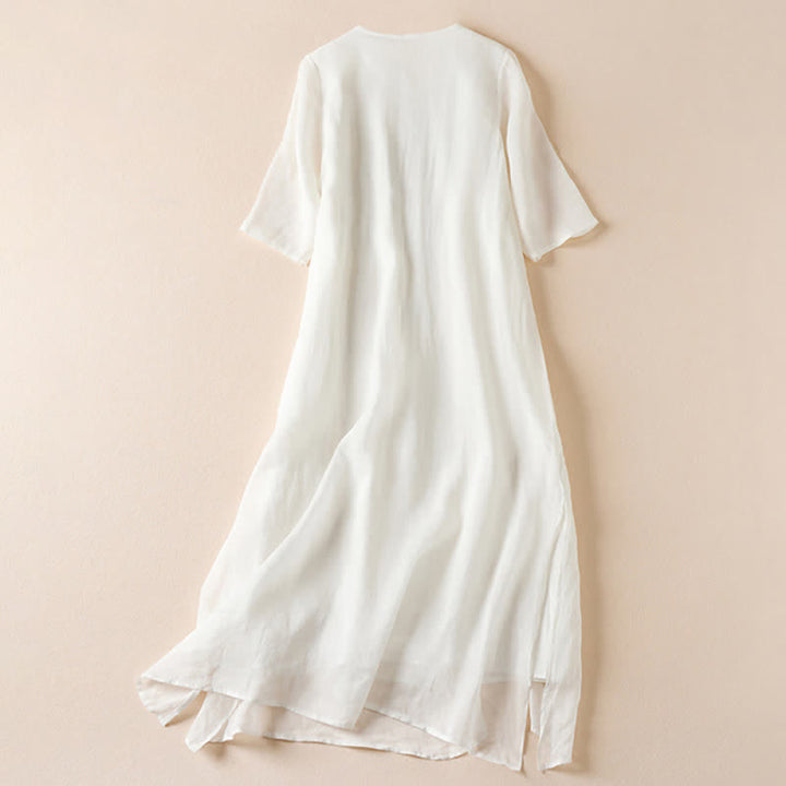 Vestido midi de fibra con cuello redondo y manga corta, bordado con hojas y Buddha Stones. - image 8