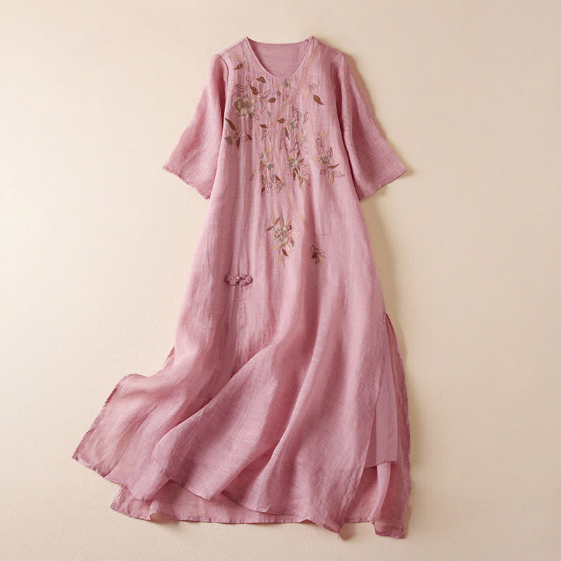 Vestido midi de fibra con cuello redondo y manga corta, bordado con hojas y Buddha Stones. - Rosa - US8-10，UK/AU12-14，EU40-42 (2XL) - image 14