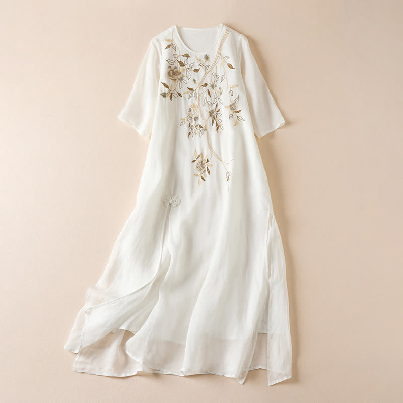 Vestido midi de fibra con cuello redondo y manga corta, bordado con hojas y Buddha Stones. - Nieve - US8-10，UK/AU12-14，EU40-42 (2XL) - image 7