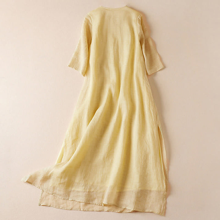 Vestido midi de fibra con cuello redondo y manga corta, bordado con hojas y Buddha Stones. - image 1