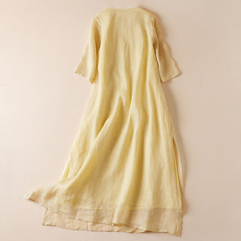 Vestido midi de fibra con cuello redondo y manga corta, bordado con hojas y Buddha Stones. - image 1