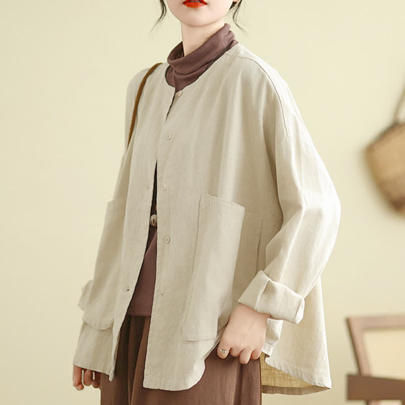 Chaqueta de mujer de manga larga con bolsillos y diseño sencillo de Buddha Stones - Beige - US14，UK/AU18，EU46 (2XL) - image 0
