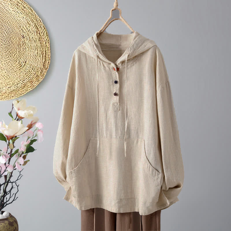 Sudadera con capucha de manga larga y bolsillos para mujer con diseño liso de botones de Buddha Stones - Beige - US8-10，UK/AU12-14，EU40-42 (2XL) - image 0
