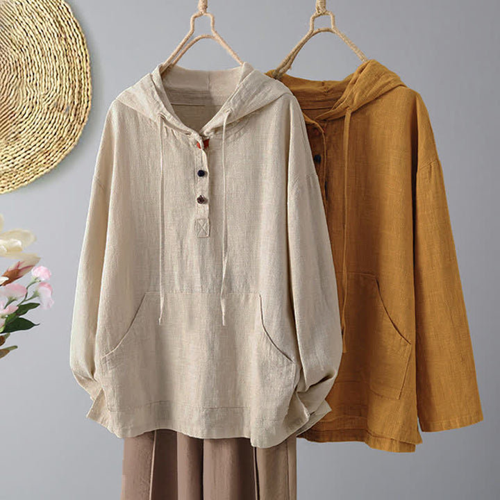 Sudadera con capucha de manga larga y bolsillos para mujer con diseño liso de botones de Buddha Stones - image 12