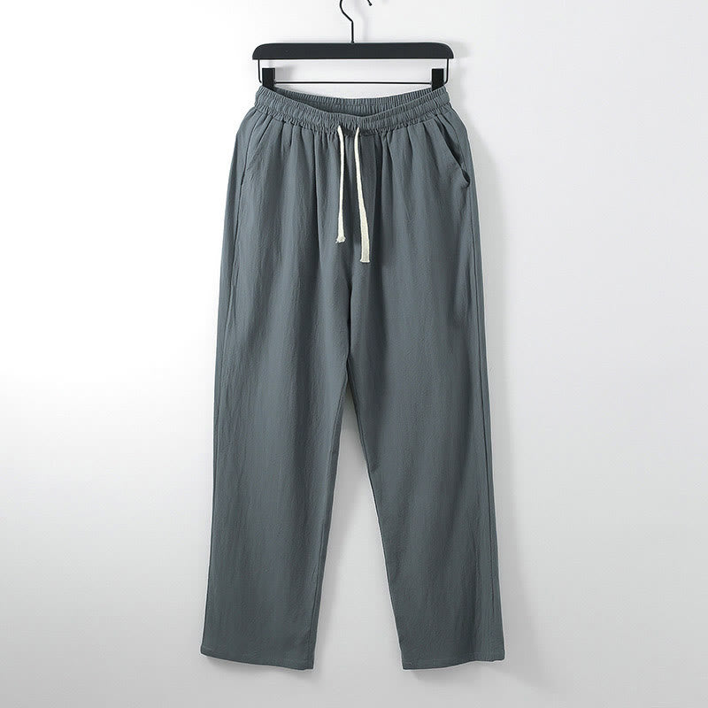 Pantalones casuales holgados de algodón y lino de color liso con estampado de Buddha Stones para hombre, con bolsillos. - Gris oscuro - US/UK/AU54, EU64 (9XL) - image 0