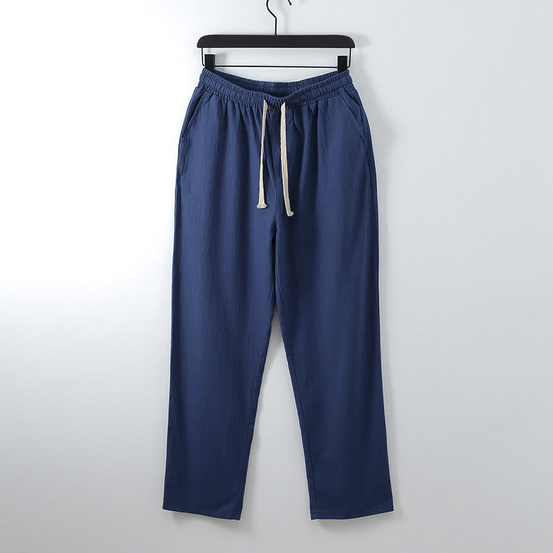 Pantalones casuales holgados de algodón y lino de color liso con estampado de Buddha Stones para hombre, con bolsillos. - Azul real - US/UK/AU54, EU64 (9XL) - image 8
