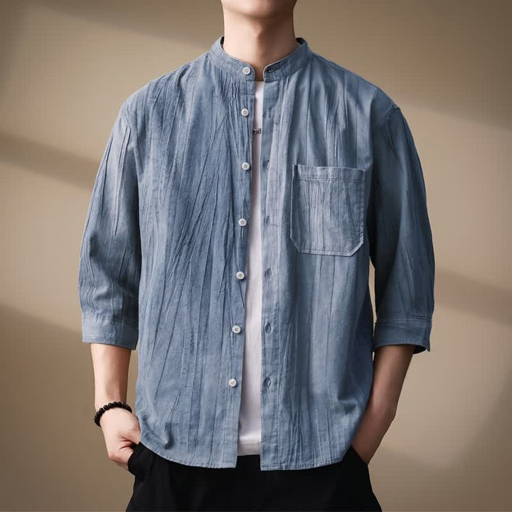 Buddha Stones Camisas de manga larga para hombre de algodón liso con cuello mandarín, estilo casual de primavera/verano, con bolsillo de parche. - Azul claro - US/UK/AU44, EU54 (4XL) - image 8
