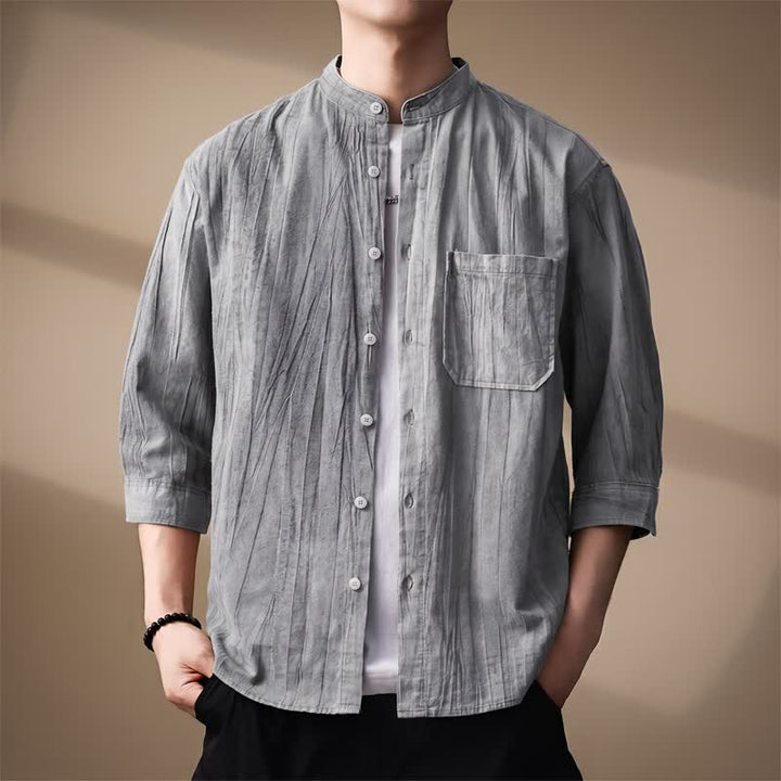 Buddha Stones Camisas de manga larga para hombre de algodón liso con cuello mandarín, estilo casual de primavera/verano, con bolsillo de parche. - Gris - US/UK/AU44, EU54 (4XL) - image 9