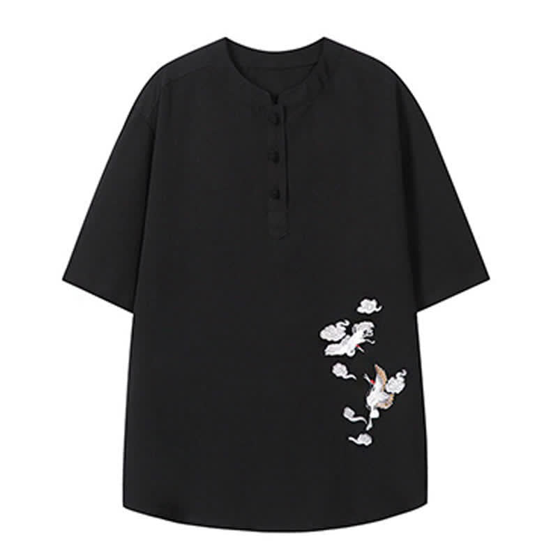 Buddha Stones Camisas de manga corta para hombre estilo Tang, informales, con cuello mandarín y bordado de grulla, ideales para el verano. - image 15