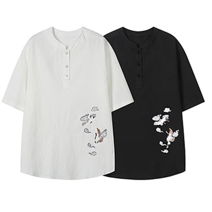 Buddha Stones Camisas de manga corta para hombre estilo Tang, informales, con cuello mandarín y bordado de grulla, ideales para el verano. - image 17