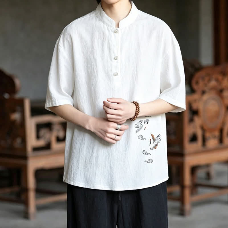 Buddha Stones Camisas de manga corta para hombre estilo Tang, informales, con cuello mandarín y bordado de grulla, ideales para el verano. - image 2