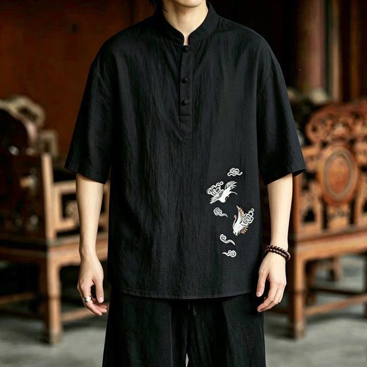 Buddha Stones Camisas de manga corta para hombre estilo Tang, informales, con cuello mandarín y bordado de grulla, ideales para el verano. - image 13
